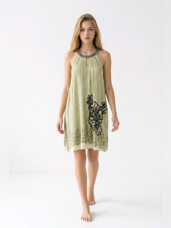 Esley Dresses & Skirts - ESLEY Cream +Black Sleeveless Sun Dress W Keyhole Halter Neckline EMBROIDERED M